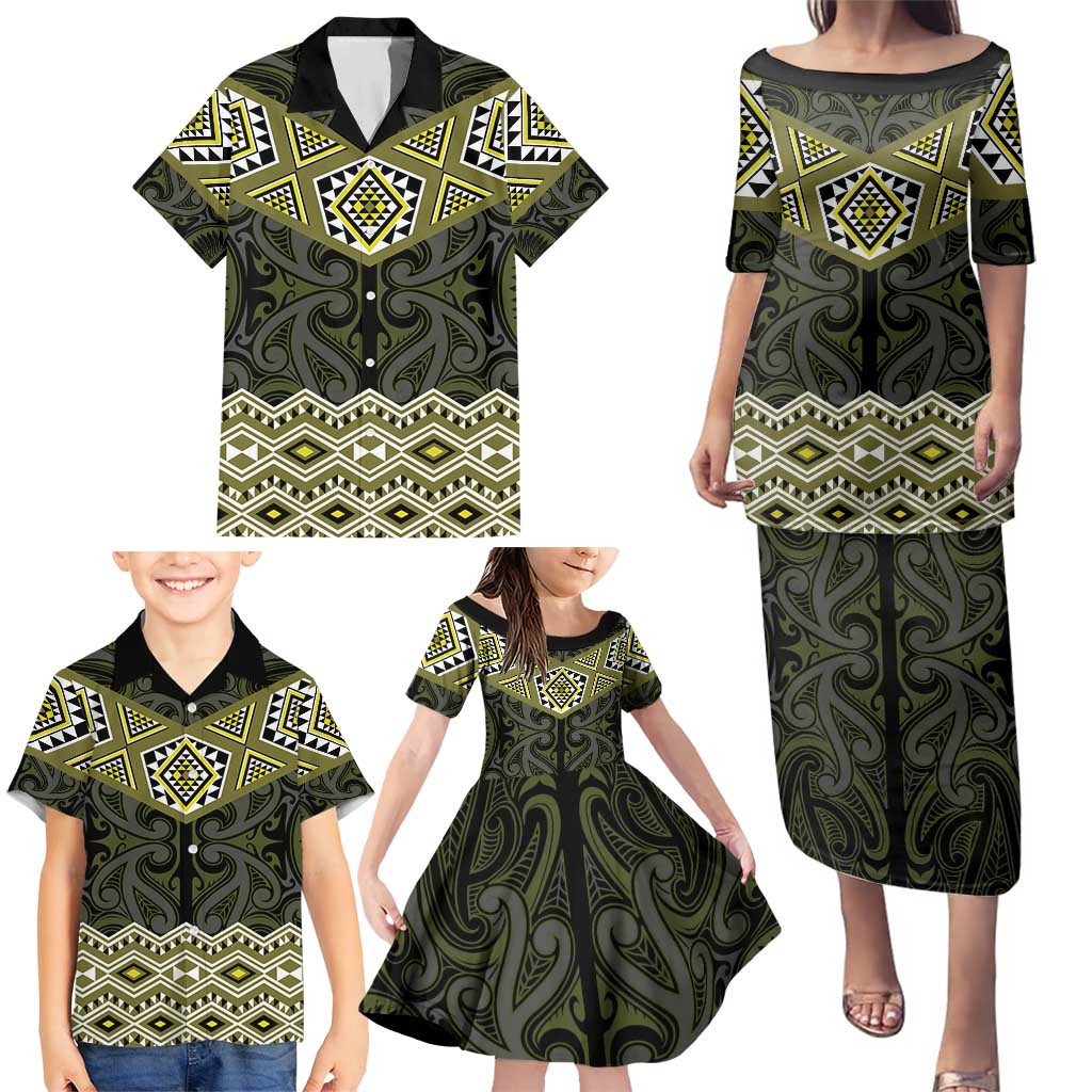 New Zealand Aotearoa Family Matching Puletasi and Hawaiian Shirt Yellow Taniko Art Maori Pattern LT05 - Polynesian Pride