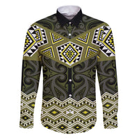 New Zealand Aotearoa Family Matching Puletasi and Hawaiian Shirt Yellow Taniko Art Maori Pattern LT05 Dad's Shirt - Long Sleeve Yellow - Polynesian Pride