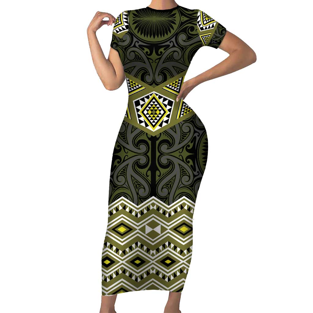 New Zealand Aotearoa Family Matching Short Sleeve Bodycon Dress and Hawaiian Shirt Yellow Taniko Art Maori Pattern LT05 Mom's Dress Yellow - Polynesian Pride