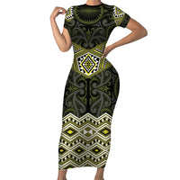 New Zealand Aotearoa Family Matching Short Sleeve Bodycon Dress and Hawaiian Shirt Yellow Taniko Art Maori Pattern LT05 Mom's Dress Yellow - Polynesian Pride