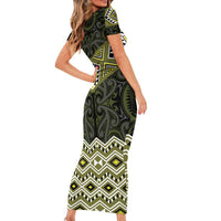 New Zealand Aotearoa Family Matching Short Sleeve Bodycon Dress and Hawaiian Shirt Yellow Taniko Art Maori Pattern LT05 - Polynesian Pride