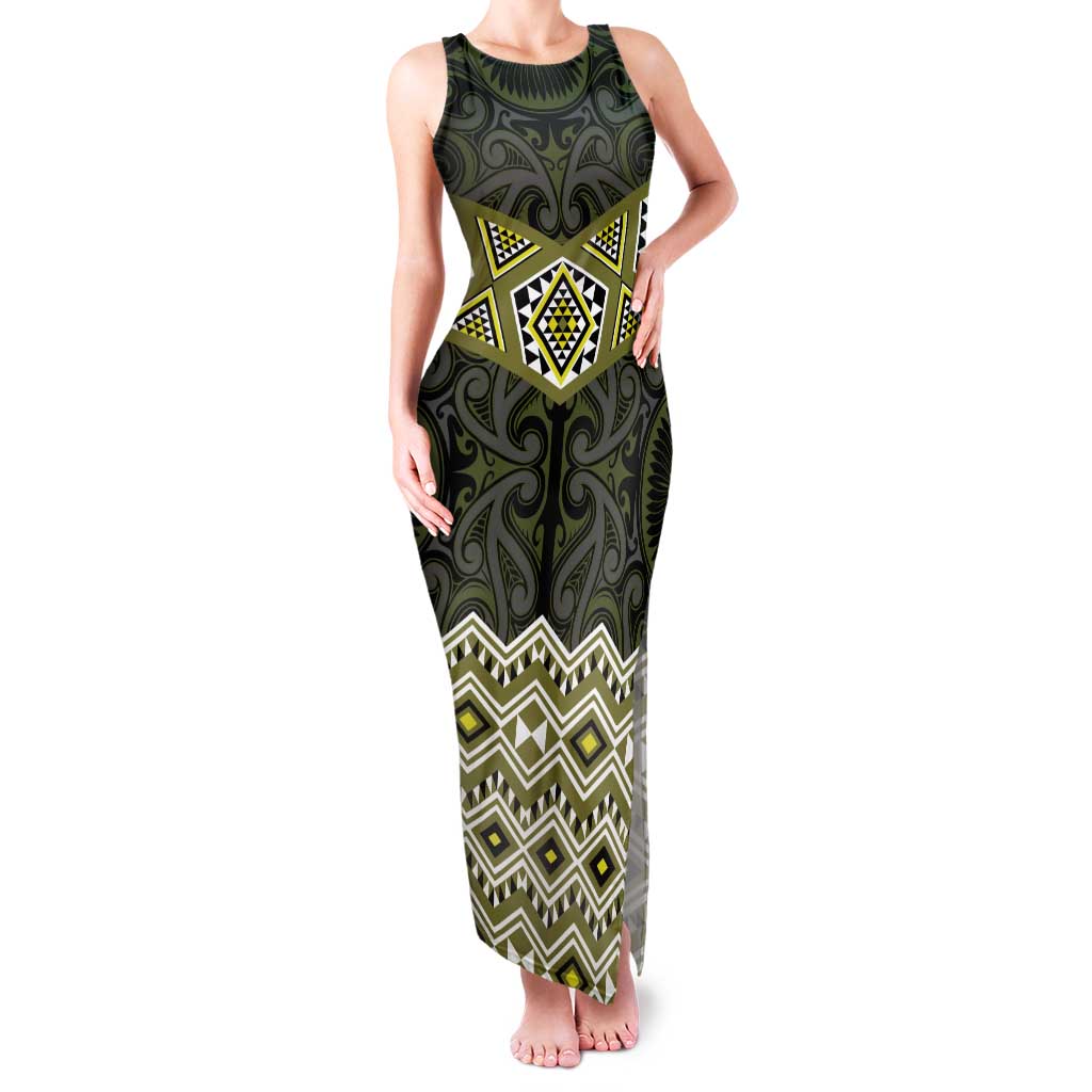 New Zealand Aotearoa Family Matching Tank Maxi Dress and Hawaiian Shirt Yellow Taniko Art Maori Pattern LT05 Mom's Dress Yellow - Polynesian Pride