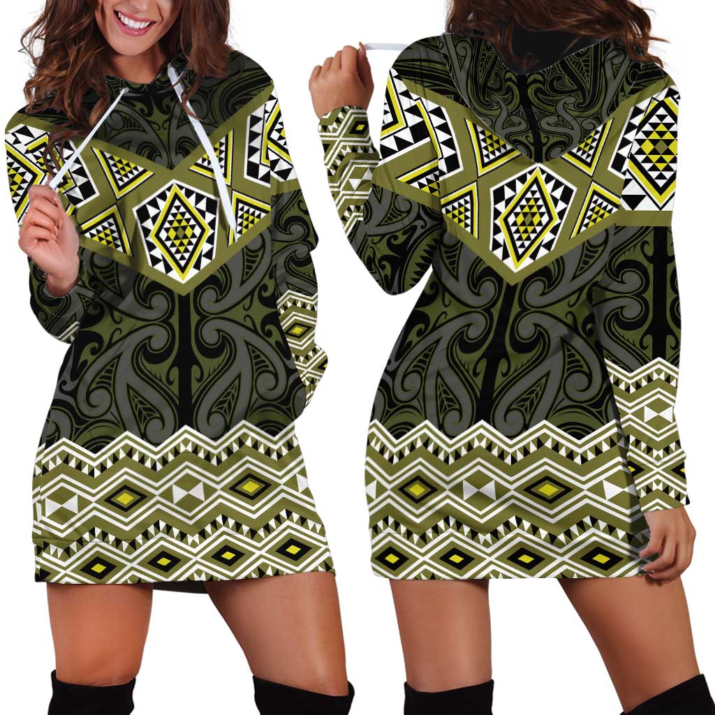 New Zealand Aotearoa Hoodie Dress Yellow Taniko Art Maori Pattern LT05 - Polynesian Pride