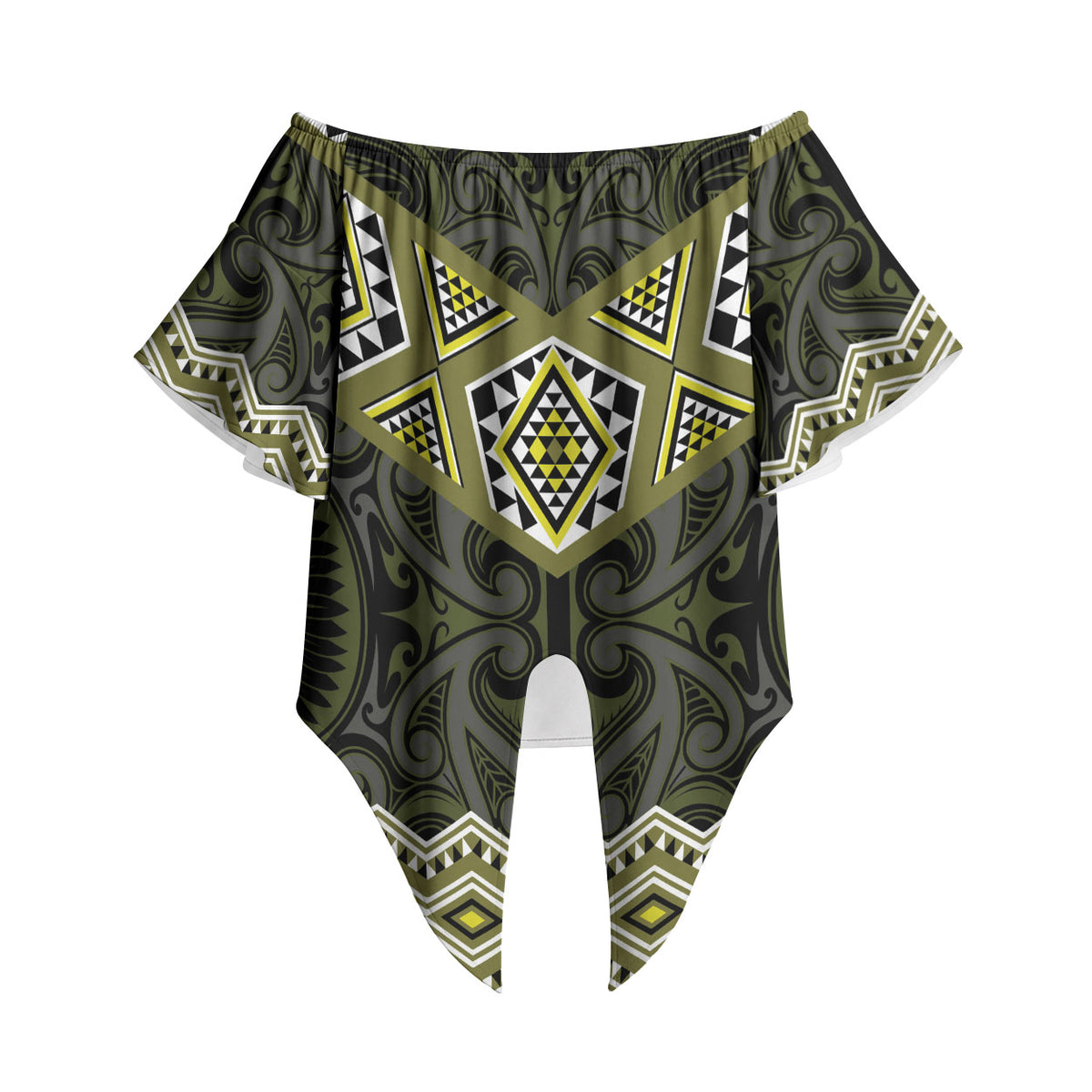 New Zealand Aotearoa Off Shoulder Wrap Waist Top Yellow Taniko Art Maori Pattern LT05 Yellow - Polynesian Pride