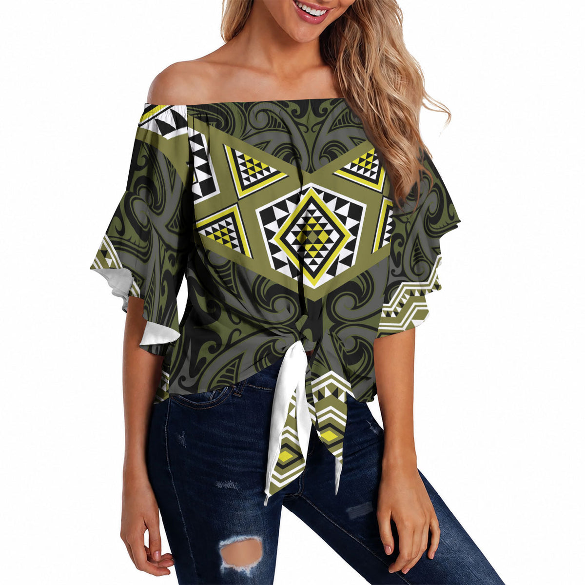 New Zealand Aotearoa Off Shoulder Wrap Waist Top Yellow Taniko Art Maori Pattern LT05 - Polynesian Pride