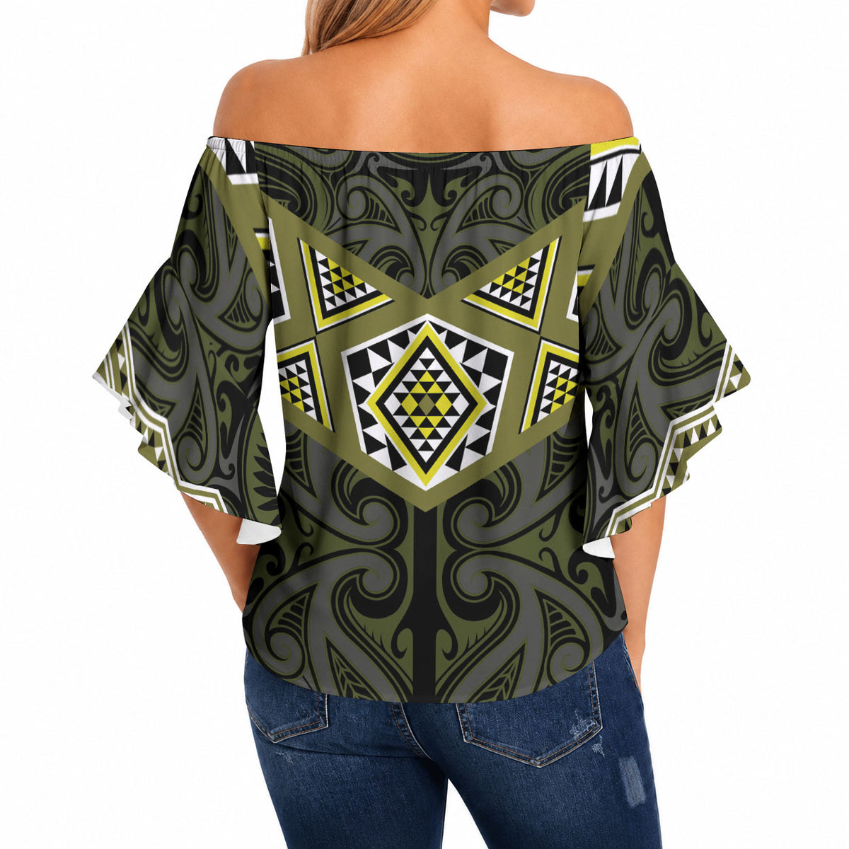 New Zealand Aotearoa Off Shoulder Wrap Waist Top Yellow Taniko Art Maori Pattern LT05 - Polynesian Pride