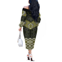 New Zealand Aotearoa Off The Shoulder Long Sleeve Dress Yellow Taniko Art Maori Pattern LT05 - Polynesian Pride