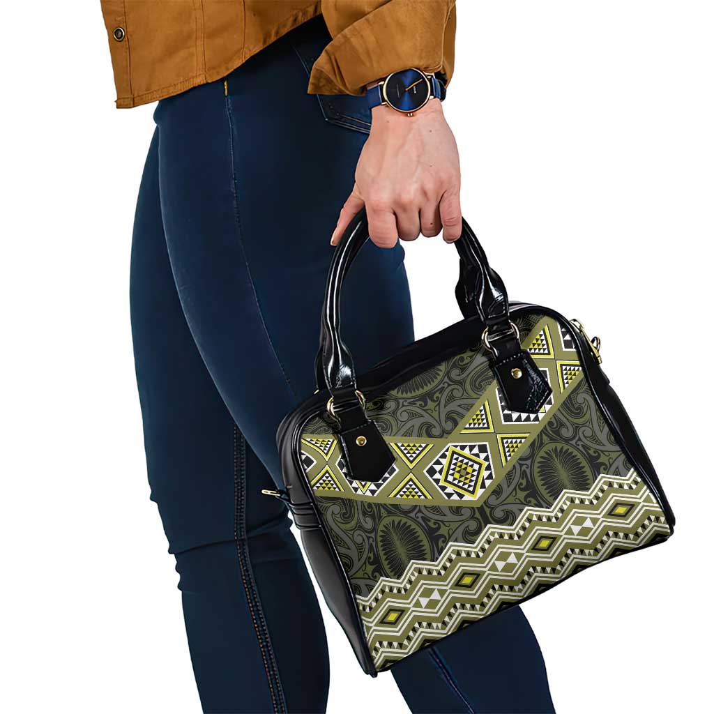 New Zealand Aotearoa Shoulder Handbag Yellow Taniko Art Maori Pattern