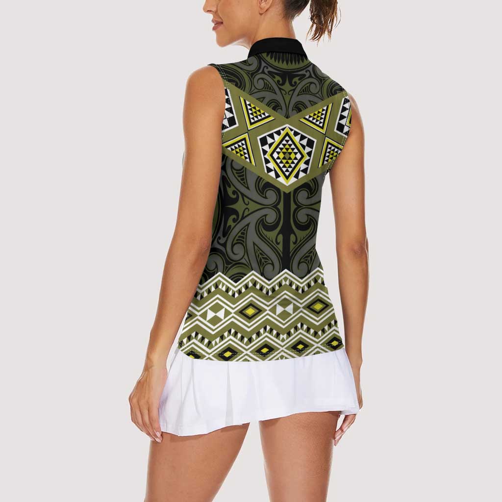 New Zealand Aotearoa Women Sleeveless Polo Shirt Yellow Taniko Art Maori Pattern LT05 - Polynesian Pride