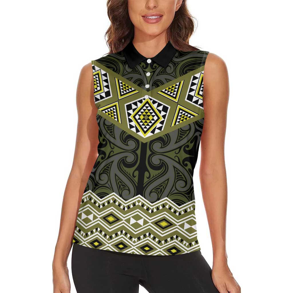 New Zealand Aotearoa Women Sleeveless Polo Shirt Yellow Taniko Art Maori Pattern LT05 - Polynesian Pride