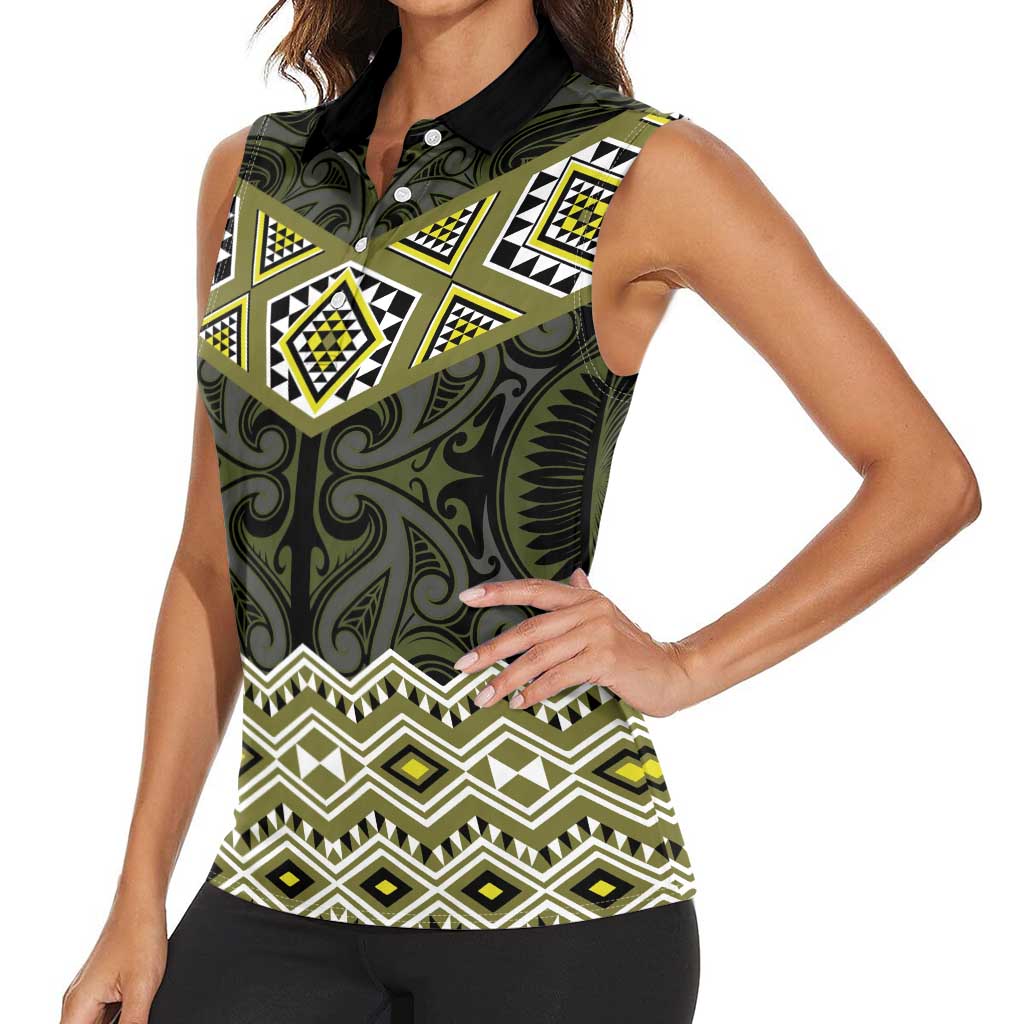 New Zealand Aotearoa Women Sleeveless Polo Shirt Yellow Taniko Art Maori Pattern LT05 - Polynesian Pride