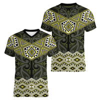 New Zealand Aotearoa Women V-Neck T-Shirt Yellow Taniko Art Maori Pattern LT05 - Polynesian Pride