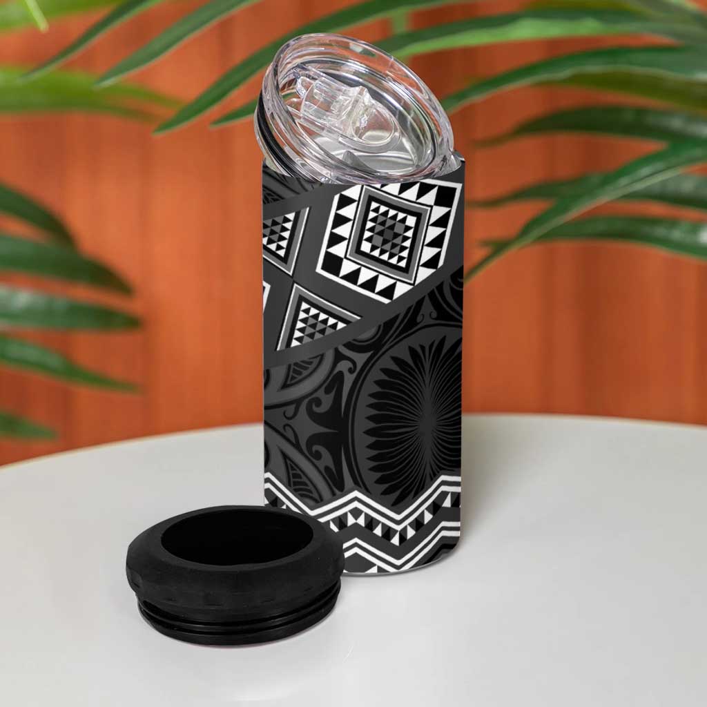 New Zealand Aotearoa 4 in 1 Can Cooler Tumbler Black Taniko Art Maori Pattern
