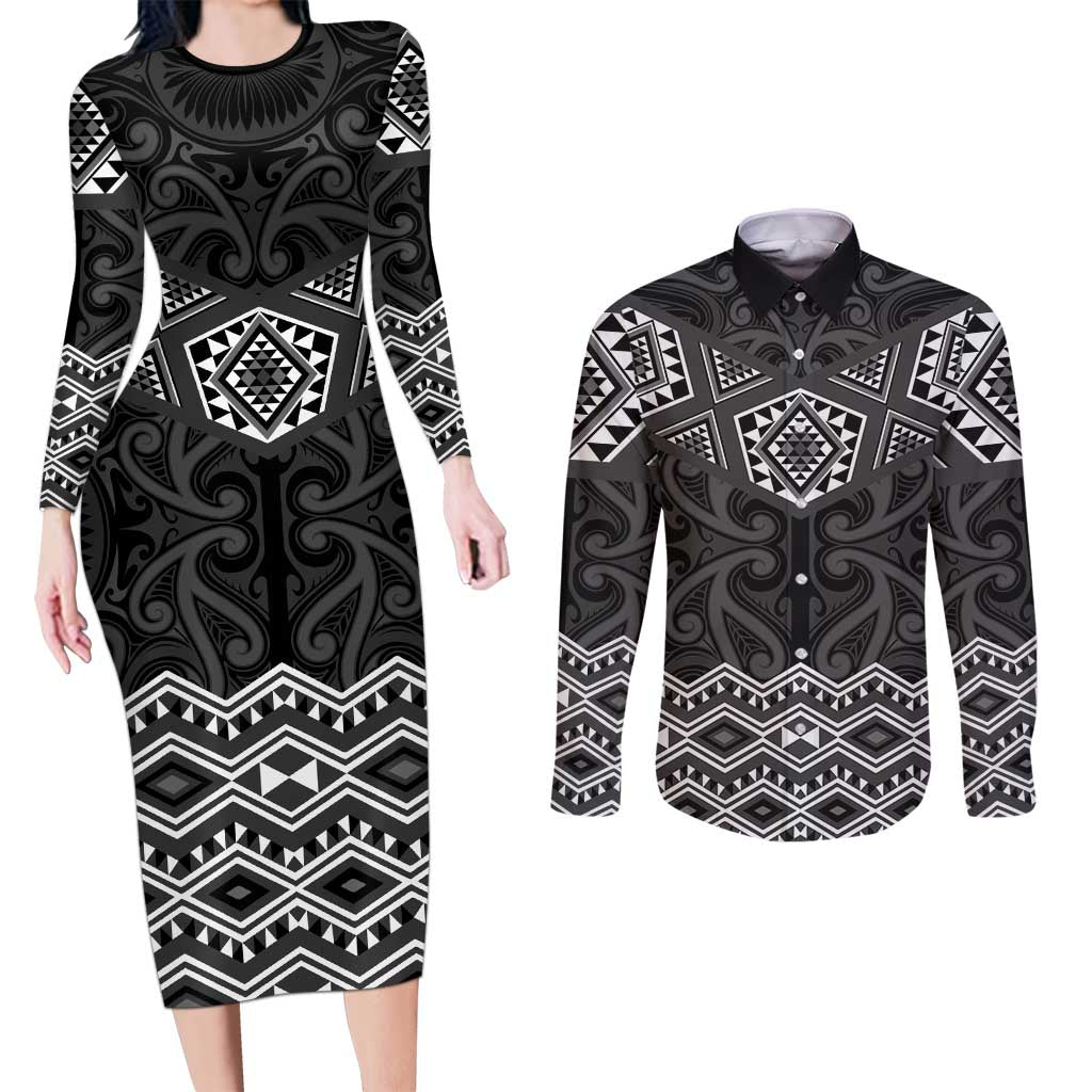 New Zealand Aotearoa Couples Matching Long Sleeve Bodycon Dress and Long Sleeve Button Shirt Black Taniko Art Maori Pattern LT05 Black - Polynesian Pride