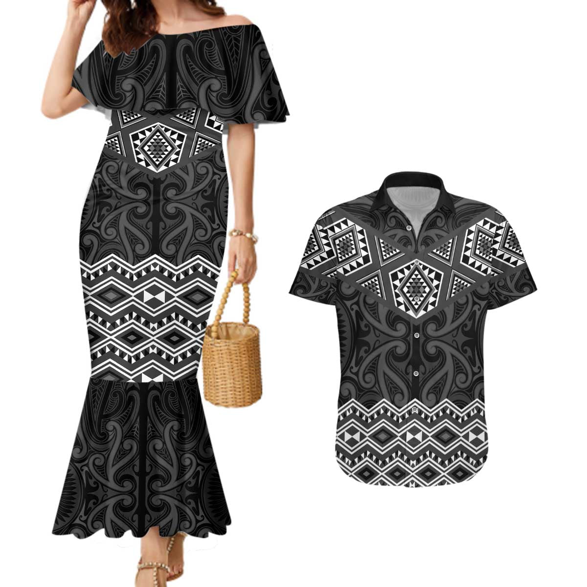 New Zealand Aotearoa Couples Matching Mermaid Dress and Hawaiian Shirt Black Taniko Art Maori Pattern LT05 Black - Polynesian Pride