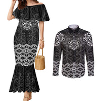 New Zealand Aotearoa Couples Matching Mermaid Dress and Long Sleeve Button Shirt Black Taniko Art Maori Pattern LT05 Black - Polynesian Pride