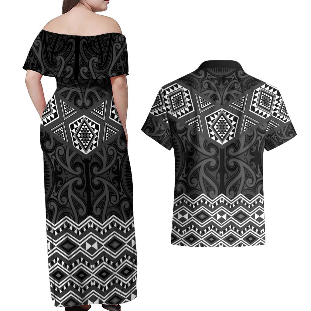 New Zealand Aotearoa Couples Matching Off Shoulder Maxi Dress and Hawaiian Shirt Black Taniko Art Maori Pattern LT05 - Polynesian Pride