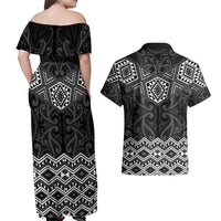 New Zealand Aotearoa Couples Matching Off Shoulder Maxi Dress and Hawaiian Shirt Black Taniko Art Maori Pattern LT05 - Polynesian Pride