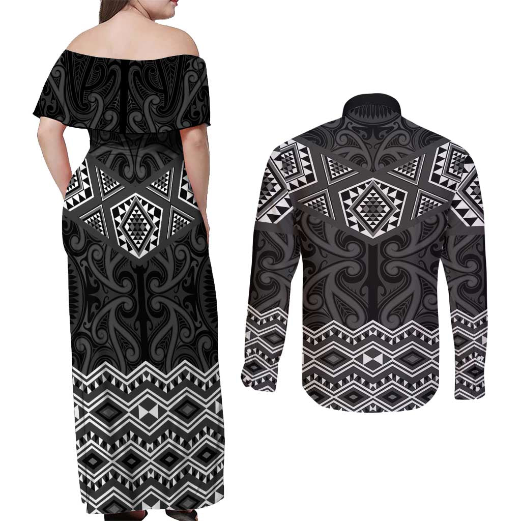 New Zealand Aotearoa Couples Matching Off Shoulder Maxi Dress and Long Sleeve Button Shirt Black Taniko Art Maori Pattern LT05 - Polynesian Pride