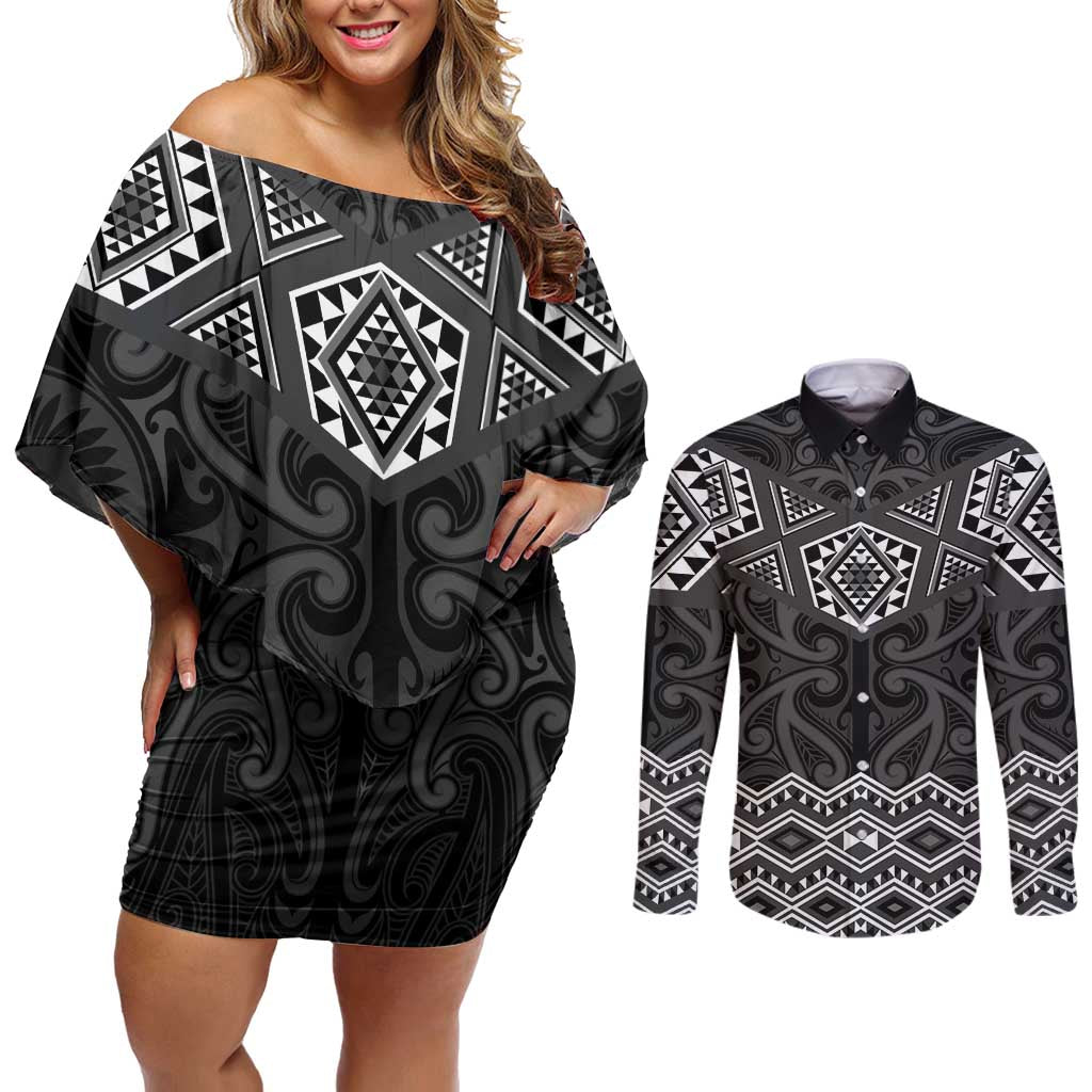 New Zealand Aotearoa Couples Matching Off Shoulder Short Dress and Long Sleeve Button Shirt Black Taniko Art Maori Pattern LT05 Black - Polynesian Pride