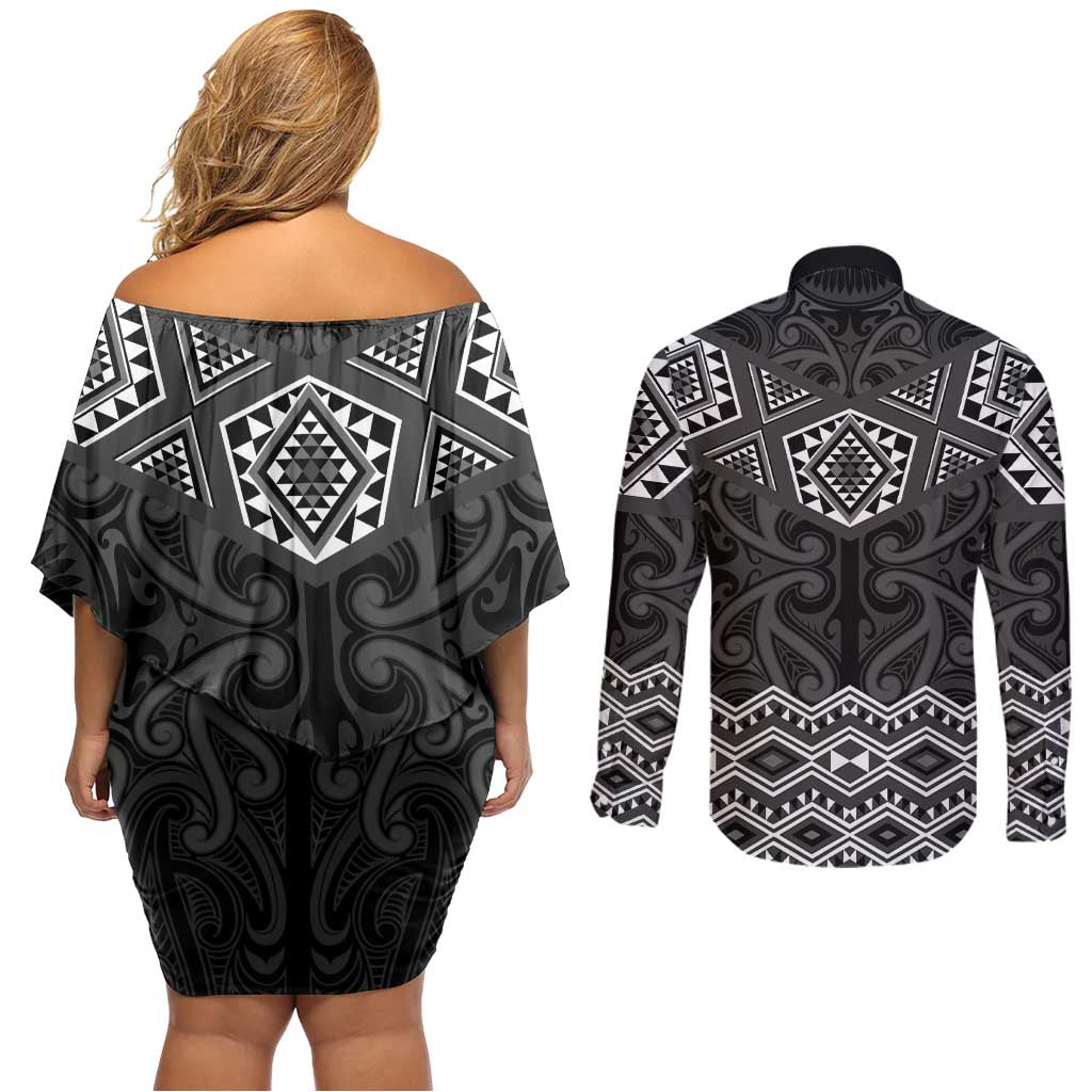 New Zealand Aotearoa Couples Matching Off Shoulder Short Dress and Long Sleeve Button Shirt Black Taniko Art Maori Pattern LT05 - Polynesian Pride
