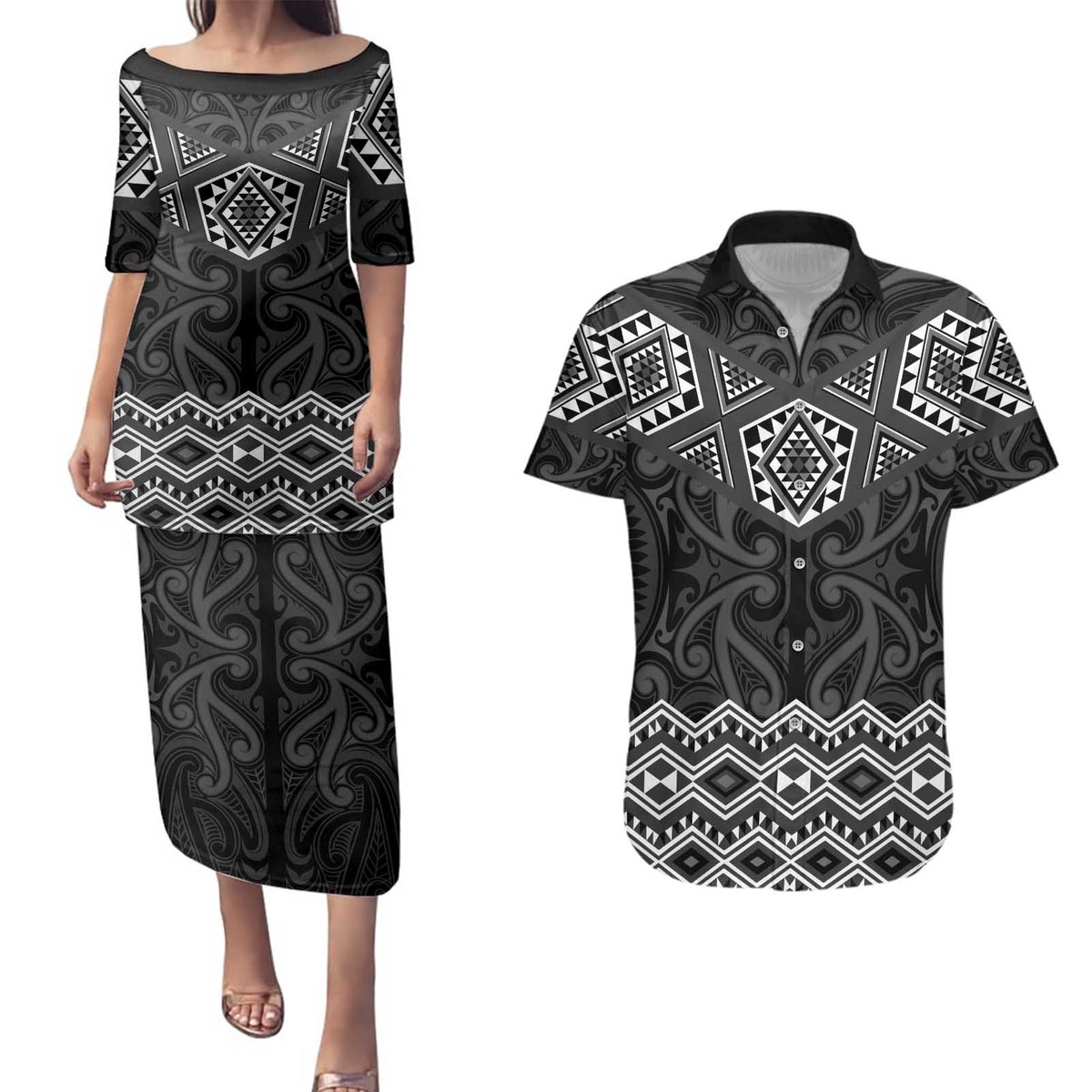 New Zealand Aotearoa Couples Matching Puletasi and Hawaiian Shirt Black Taniko Art Maori Pattern LT05 Black - Polynesian Pride