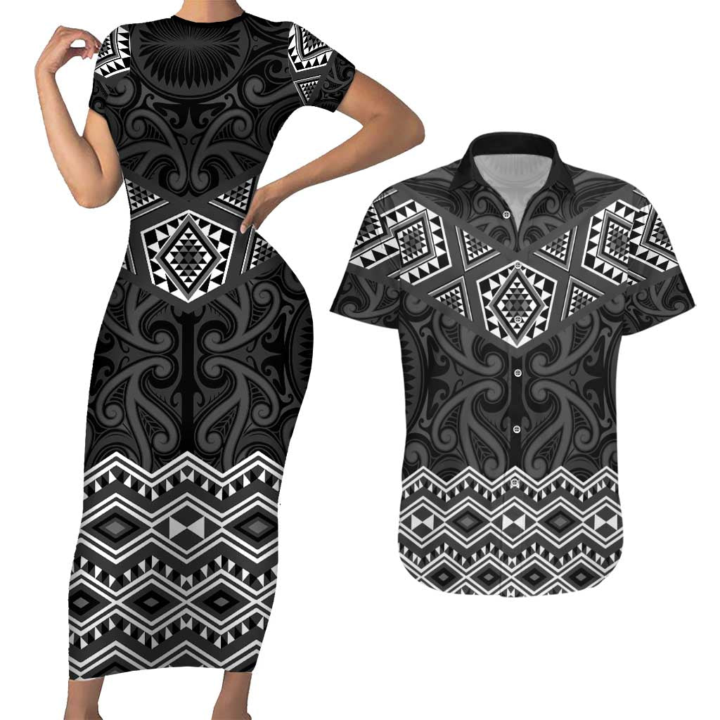 New Zealand Aotearoa Couples Matching Short Sleeve Bodycon Dress and Hawaiian Shirt Black Taniko Art Maori Pattern LT05 Black - Polynesian Pride