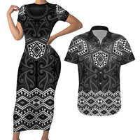 New Zealand Aotearoa Couples Matching Short Sleeve Bodycon Dress and Hawaiian Shirt Black Taniko Art Maori Pattern LT05 Black - Polynesian Pride