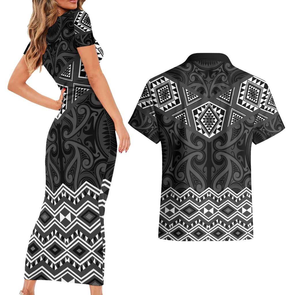 New Zealand Aotearoa Couples Matching Short Sleeve Bodycon Dress and Hawaiian Shirt Black Taniko Art Maori Pattern LT05 - Polynesian Pride