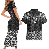New Zealand Aotearoa Couples Matching Short Sleeve Bodycon Dress and Hawaiian Shirt Black Taniko Art Maori Pattern LT05 - Polynesian Pride