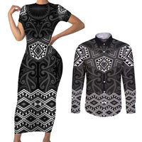New Zealand Aotearoa Couples Matching Short Sleeve Bodycon Dress and Long Sleeve Button Shirt Black Taniko Art Maori Pattern LT05 Black - Polynesian Pride