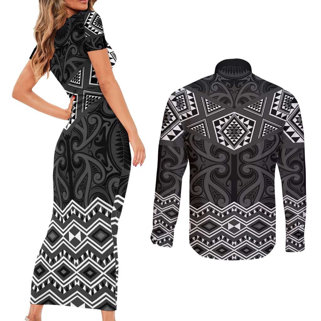 New Zealand Aotearoa Couples Matching Short Sleeve Bodycon Dress and Long Sleeve Button Shirt Black Taniko Art Maori Pattern LT05 - Polynesian Pride
