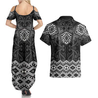 New Zealand Aotearoa Couples Matching Summer Maxi Dress and Hawaiian Shirt Black Taniko Art Maori Pattern LT05 - Polynesian Pride