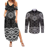 New Zealand Aotearoa Couples Matching Summer Maxi Dress and Long Sleeve Button Shirt Black Taniko Art Maori Pattern LT05 Black - Polynesian Pride