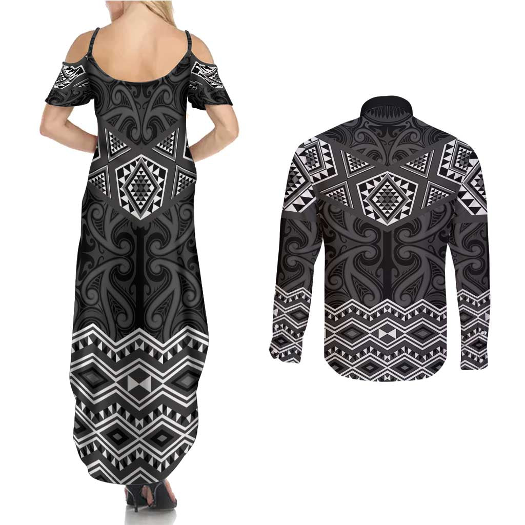 New Zealand Aotearoa Couples Matching Summer Maxi Dress and Long Sleeve Button Shirt Black Taniko Art Maori Pattern LT05 - Polynesian Pride