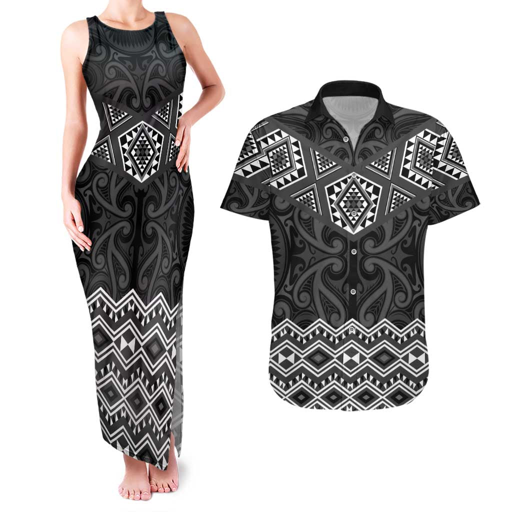 New Zealand Aotearoa Couples Matching Tank Maxi Dress and Hawaiian Shirt Black Taniko Art Maori Pattern LT05 Black - Polynesian Pride