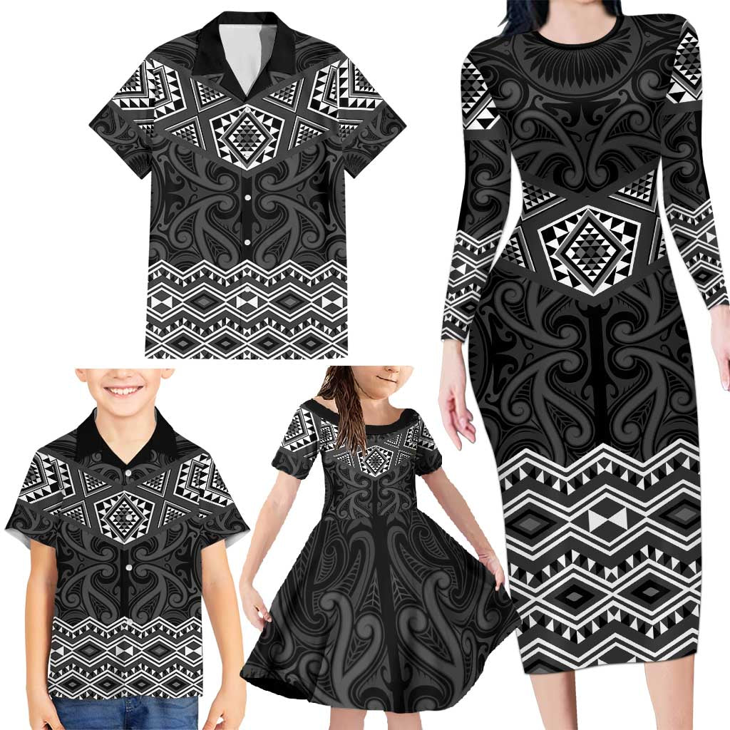 New Zealand Aotearoa Family Matching Long Sleeve Bodycon Dress and Hawaiian Shirt Black Taniko Art Maori Pattern LT05 - Polynesian Pride
