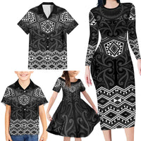 New Zealand Aotearoa Family Matching Long Sleeve Bodycon Dress and Hawaiian Shirt Black Taniko Art Maori Pattern LT05 - Polynesian Pride