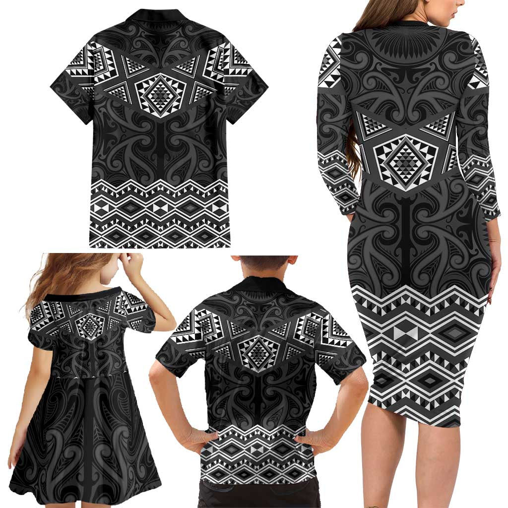 New Zealand Aotearoa Family Matching Long Sleeve Bodycon Dress and Hawaiian Shirt Black Taniko Art Maori Pattern LT05 - Polynesian Pride