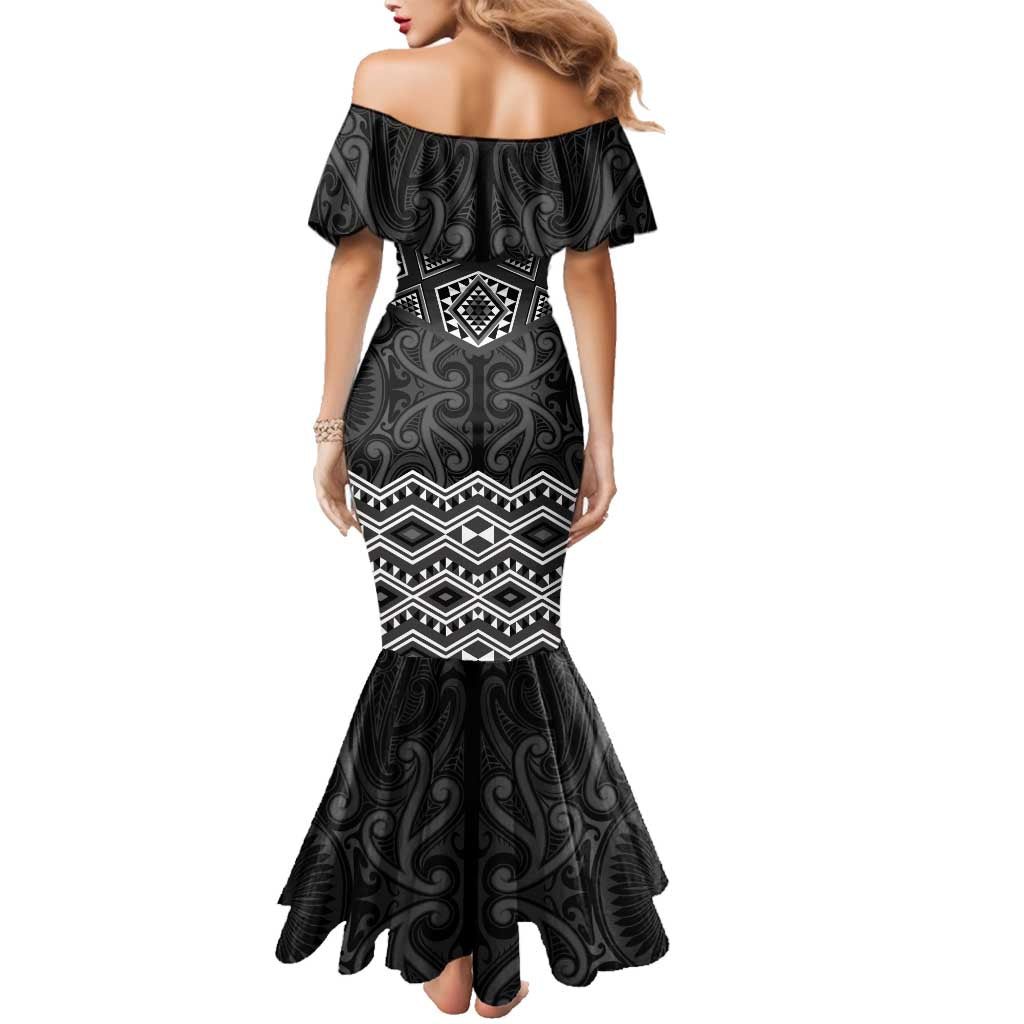 New Zealand Aotearoa Family Matching Mermaid Dress and Hawaiian Shirt Black Taniko Art Maori Pattern LT05 - Polynesian Pride