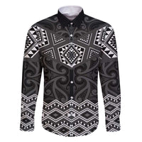 New Zealand Aotearoa Family Matching Off The Shoulder Long Sleeve Dress and Hawaiian Shirt Black Taniko Art Maori Pattern LT05 Dad's Shirt - Long Sleeve Black - Polynesian Pride