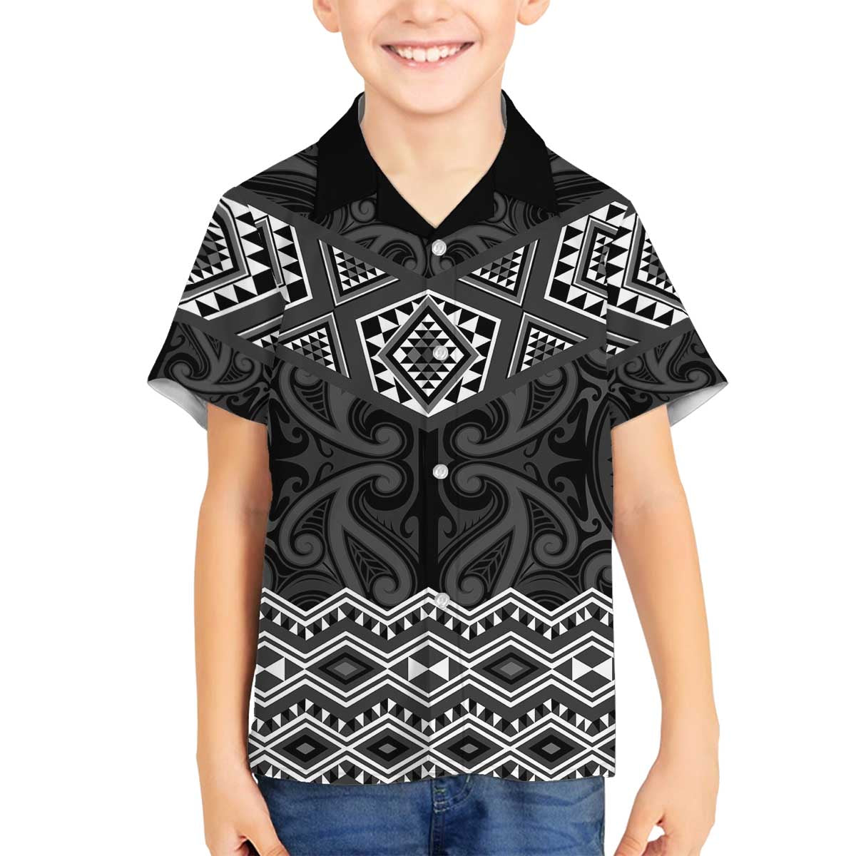 New Zealand Aotearoa Family Matching Off The Shoulder Long Sleeve Dress and Hawaiian Shirt Black Taniko Art Maori Pattern LT05 Son's Shirt Black - Polynesian Pride