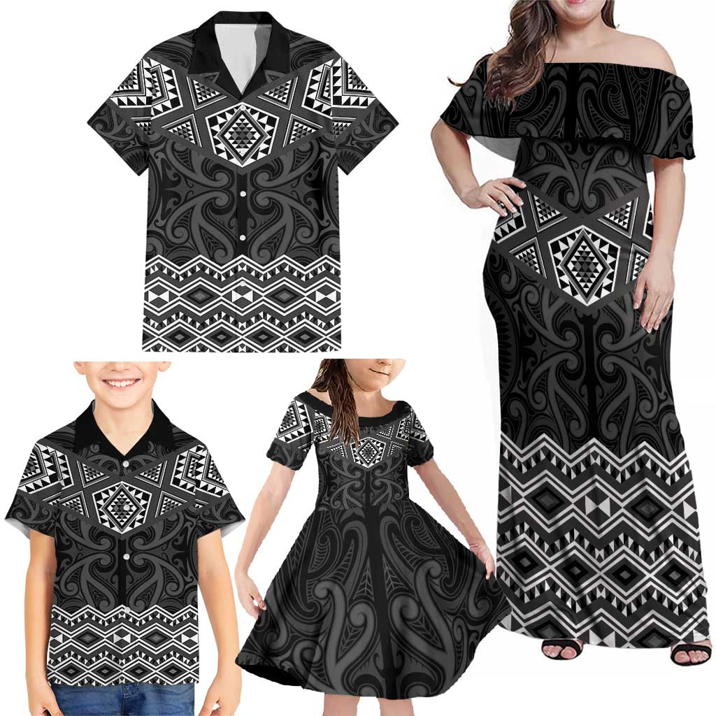 New Zealand Aotearoa Family Matching Off Shoulder Maxi Dress and Hawaiian Shirt Black Taniko Art Maori Pattern LT05 - Polynesian Pride