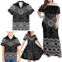 New Zealand Aotearoa Family Matching Off Shoulder Maxi Dress and Hawaiian Shirt Black Taniko Art Maori Pattern LT05 - Polynesian Pride