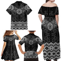 New Zealand Aotearoa Family Matching Off Shoulder Maxi Dress and Hawaiian Shirt Black Taniko Art Maori Pattern LT05 - Polynesian Pride