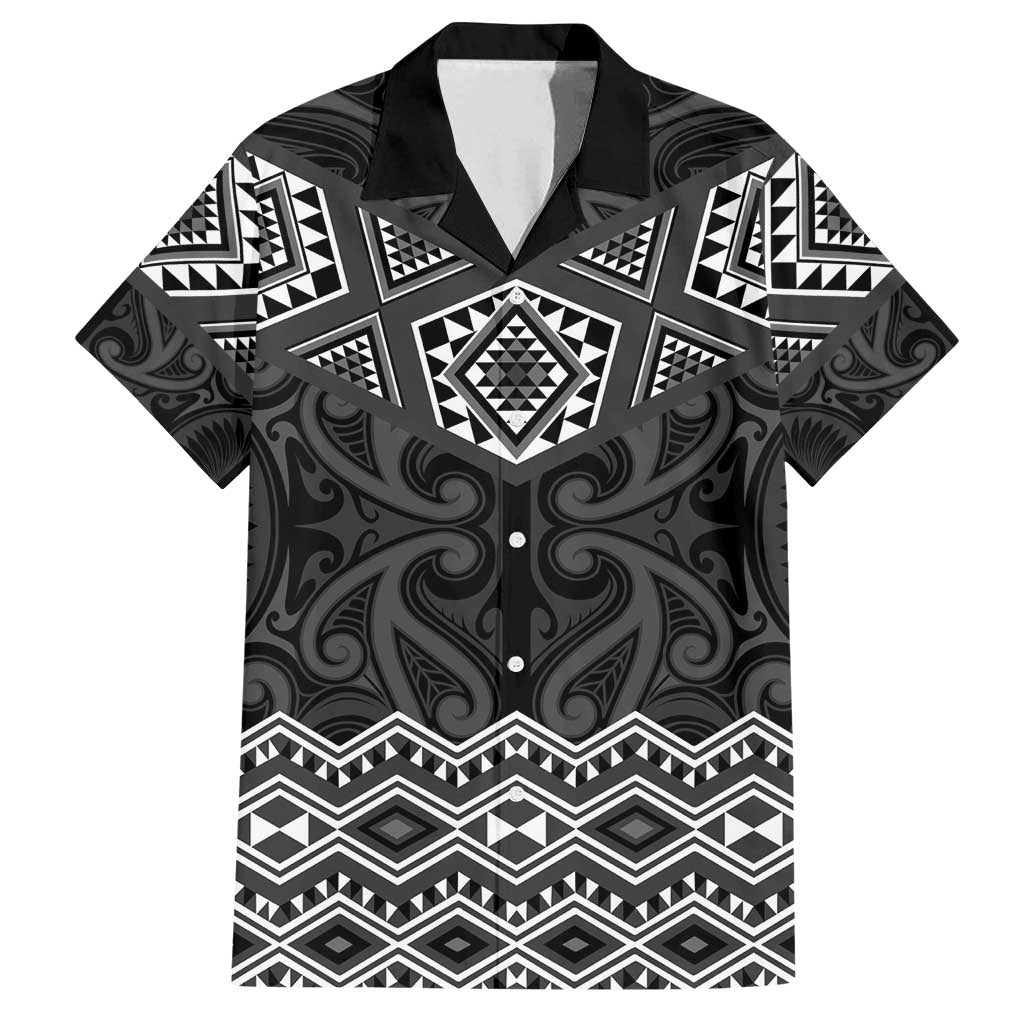 New Zealand Aotearoa Family Matching Off Shoulder Maxi Dress and Hawaiian Shirt Black Taniko Art Maori Pattern LT05 Dad's Shirt - Short Sleeve Black - Polynesian Pride