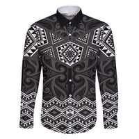 New Zealand Aotearoa Family Matching Off Shoulder Maxi Dress and Hawaiian Shirt Black Taniko Art Maori Pattern LT05 Dad's Shirt - Long Sleeve Black - Polynesian Pride