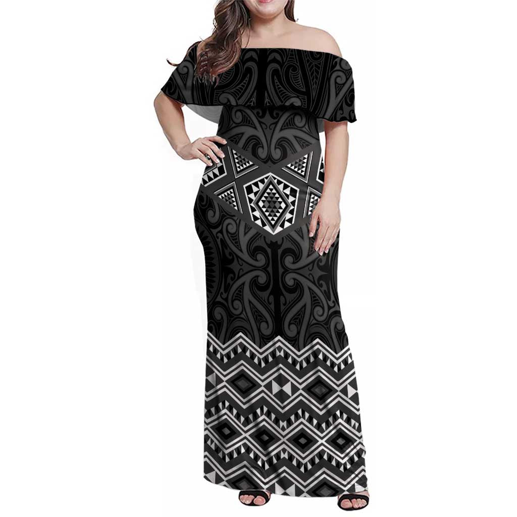 New Zealand Aotearoa Family Matching Off Shoulder Maxi Dress and Hawaiian Shirt Black Taniko Art Maori Pattern LT05 Mom's Dress Black - Polynesian Pride