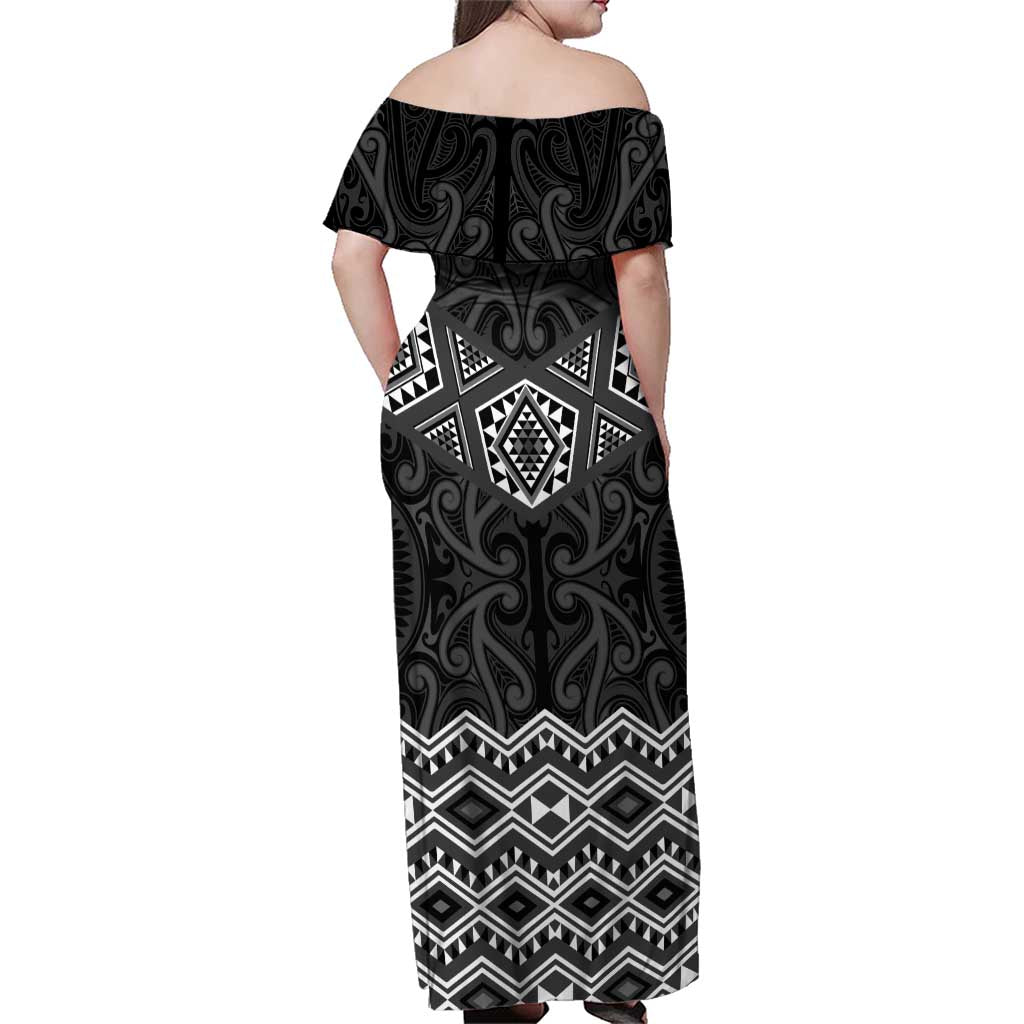 New Zealand Aotearoa Family Matching Off Shoulder Maxi Dress and Hawaiian Shirt Black Taniko Art Maori Pattern LT05 - Polynesian Pride
