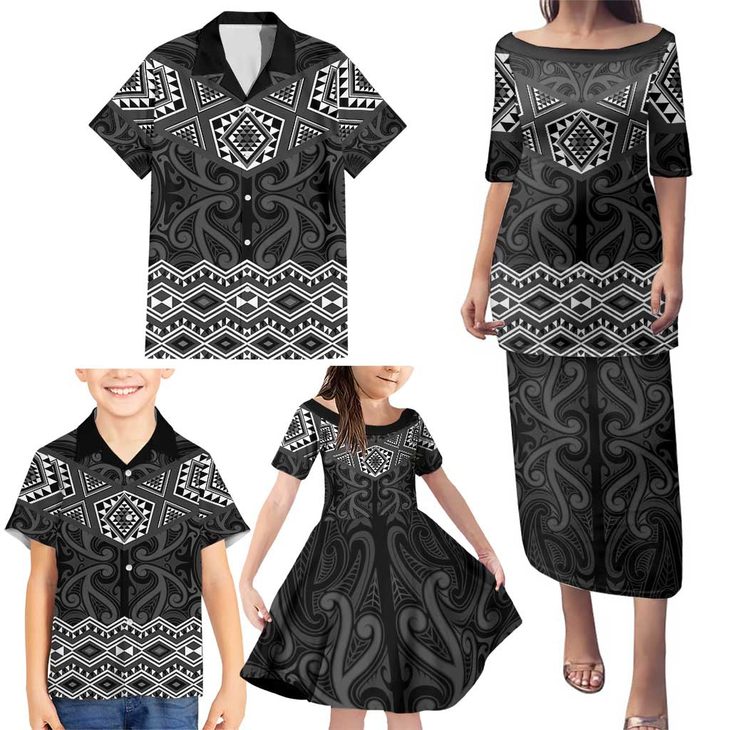 New Zealand Aotearoa Family Matching Puletasi and Hawaiian Shirt Black Taniko Art Maori Pattern LT05 - Polynesian Pride